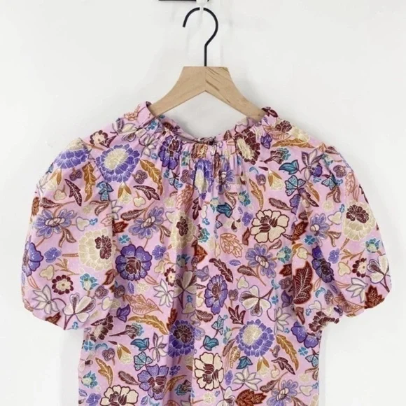 Ann Taylor Purple & Pink Batik Floral Tie Nape Puff Sleeve Blouse - Picture 8 of 11